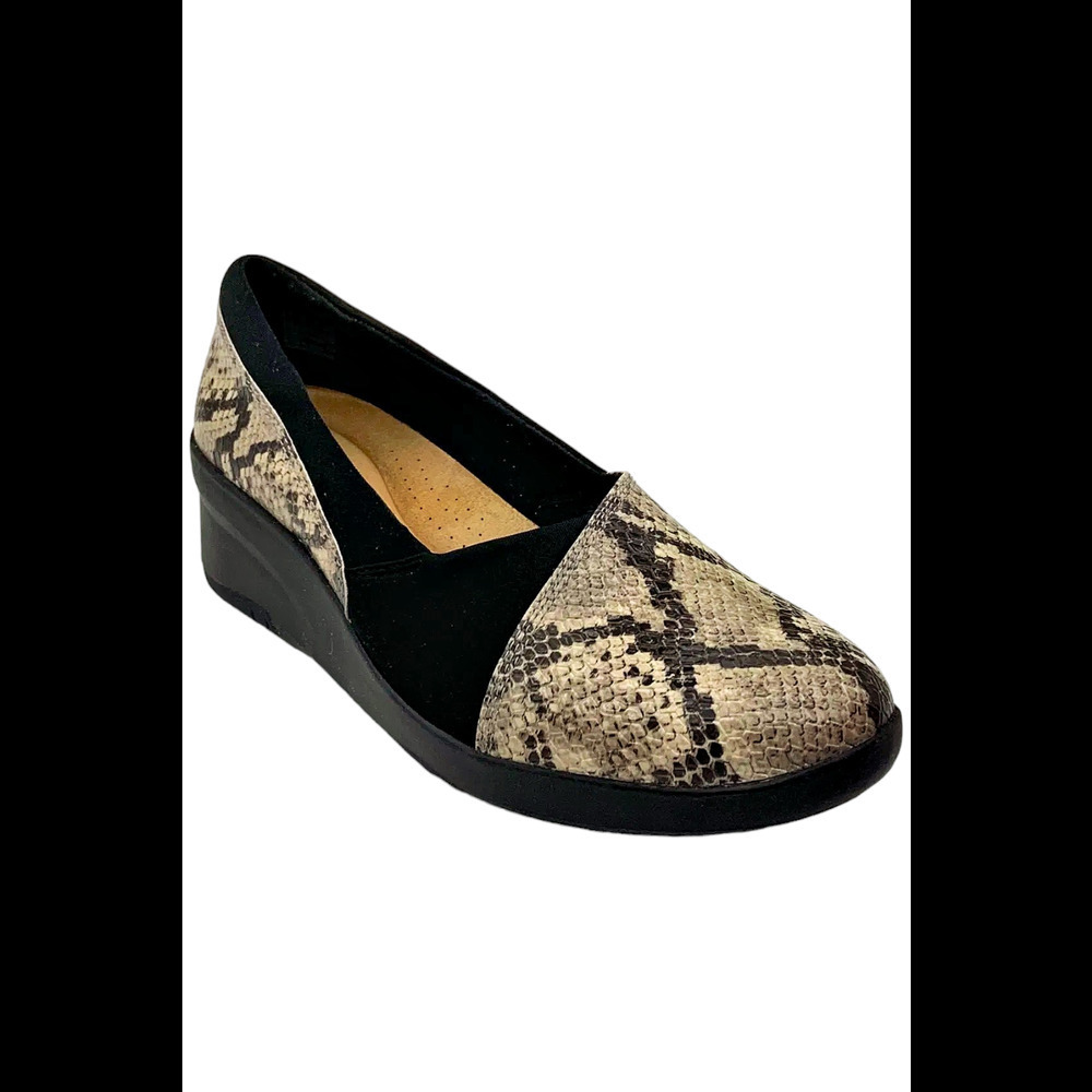 Clarks Black and Beige Snake-Print Wedge Loafers
